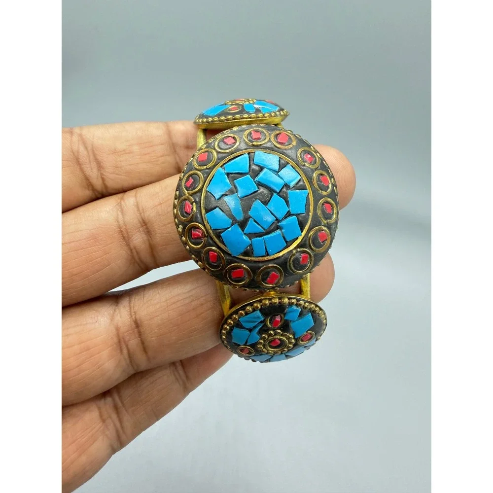 Tibetan Style Cuff Bracelet Blue Red Brass Tone Metal Mosaic Medallions Inlay